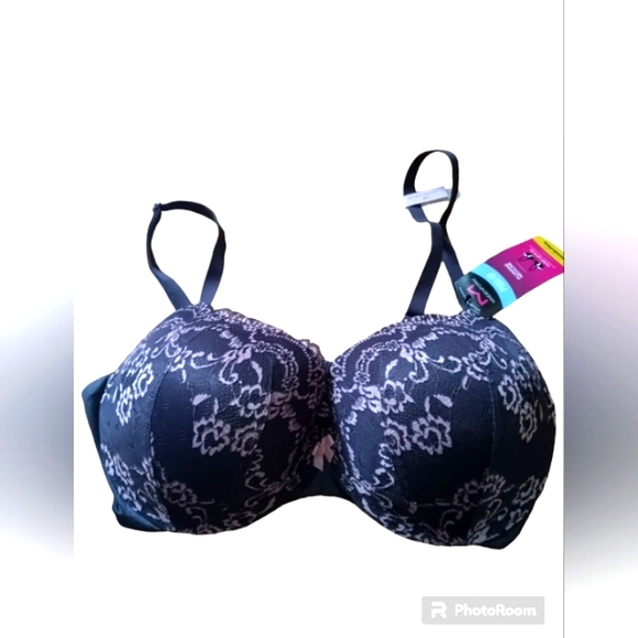 Maidenform Padded Push Up Bra Grey & Pink Floral lace trim bra NWT - Picture 1 of 2